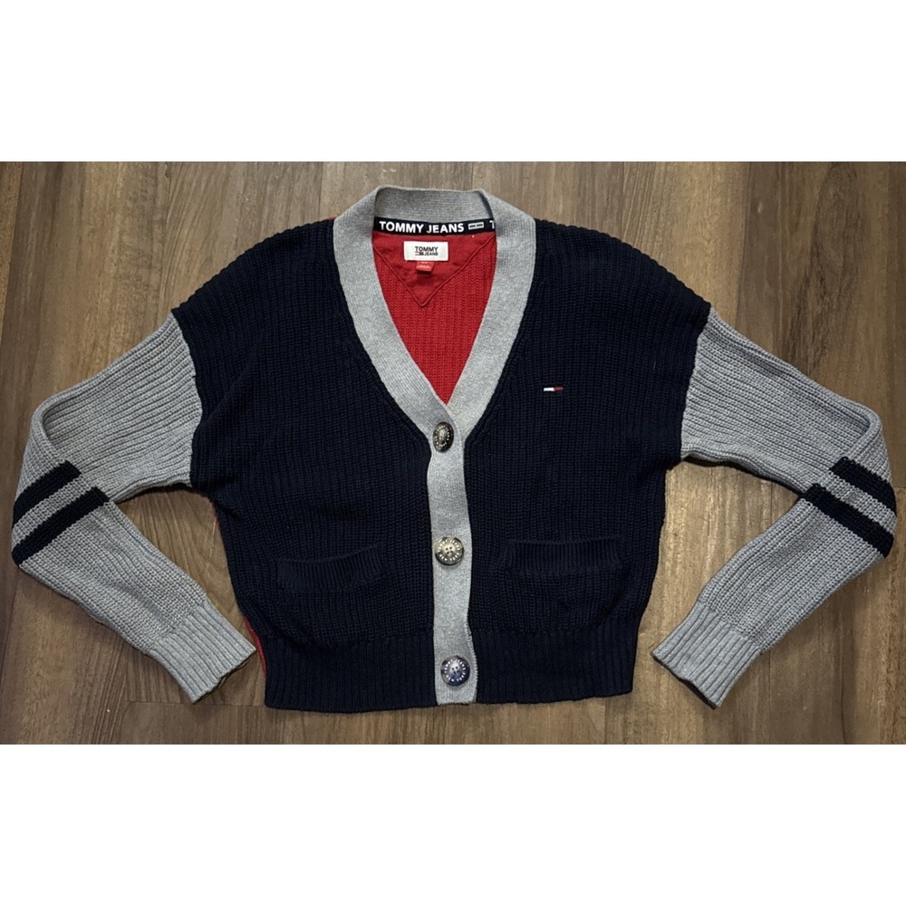 Tommy Hilfiger Colorblock Navy Red Gray Sweater Cardigan Size S Prep Preppy Fall